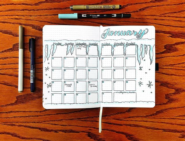 January’s monthly calendar with icicles. 